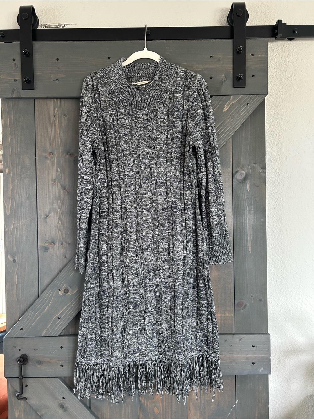Soft Surroundings Gray Cable-Knit Fringe Long Sleeve Dress